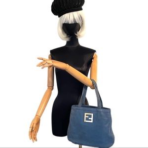 Fendi Authentic Vintage Metallic Suede Logo Chain Tote Bag Blue
